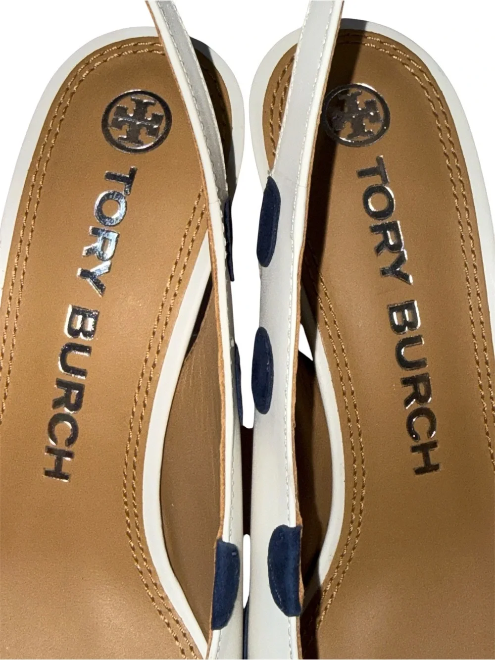 Tory Burch White Slingback Heels with Navy Polka Dots